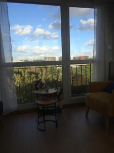 a living room with a table and two large windows at SAFARI DREAM in Lille