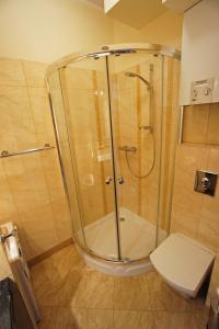 a bathroom with a glass shower with a toilet at Apartament Amber in Sopot