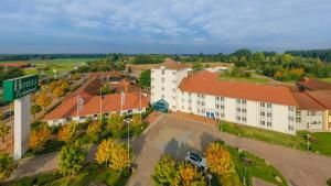 an overhead view of a building in a town at Hotell Erikslund in Ängelholm