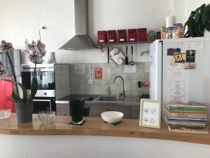 a kitchen with a wooden counter top with a refrigerator at Appartements chez Tante Germaine - Proximité Institutions Européennes in Strasbourg