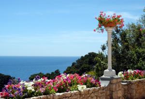 a pole with flowers on top of a stone wall at Hotel La Floridiana in Capri