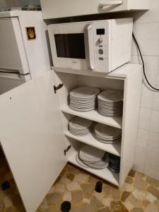a microwave oven sitting on a shelf with plates at Apartment Goldoni in Venice