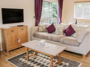 a living room with a couch and a coffee table at Alder River Lodge Clun Valley Luxury Hot Tub Break in Craven Arms