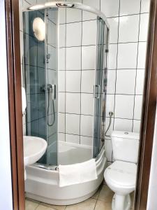 a bathroom with a shower and a toilet and a sink at Zamek Otmuchów in Otmuchów