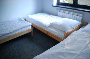 Cette chambre comprend 2 lits jumeaux et une fenêtre. dans l'établissement Willa Konwalia Wieleń, à Wielen Zaobrzanski