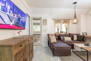 a living room with a couch and a tv at Stylish 1BD Flat with a terrace near the centre of Plovdiv in Plovdiv