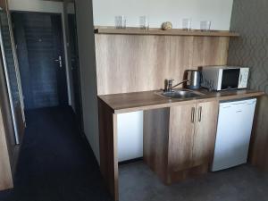 a kitchen with a sink and a microwave at miniHotel Pápa in Pápa