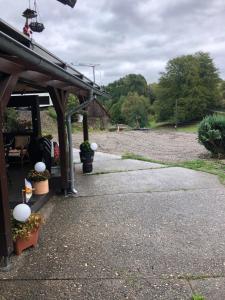 una casa con un porche con macetas en Ferienwohnung Wolf, en Reichshof 