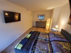 ein Schlafzimmer mit einem Bett und einem TV an der Wand in der Unterkunft Zum Schluckspecht in Wernigerode