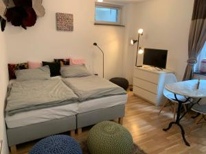 1 dormitorio con 1 cama y 1 mesa con TV en Helle Souterrainwohnung mit Komfort, en Múnich