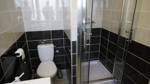 a bathroom with a toilet and a glass shower at Chez Mary in Vanosc