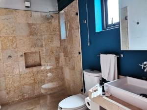 uma casa de banho com um WC, um chuveiro e um lavatório. em Hotel Boutique Unico Avandaro em Valle de Bravo