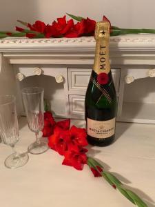 een fles champagne en twee glazen op een tafel bij B&B Amy&Julie in Badia Polesine