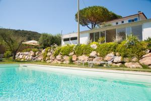 a swimming pool in front of a house at B&B La Casa degli Ulivi in Procchio