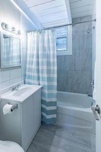 ein weißes Bad mit einem Waschbecken und einer Dusche in der Unterkunft Boutique Suite #4 in Blue Mountains