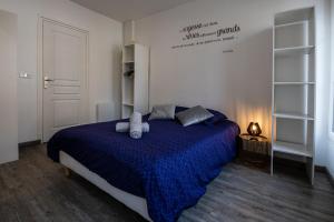 una camera da letto con un letto blu e cuscini sopra di Grand F2 refait à neuf, Plein coeur Centre Ville a Coutances