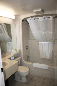 a bathroom with a toilet and a sink and a shower at Comfort Inn Swift Current in Swift Current