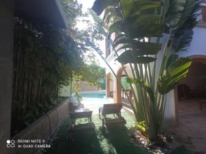 a pool with two chairs next to a building at Palmas de Chahue in Santa Cruz Huatulco
