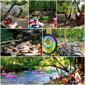a collage of photos of people playing in a river at Bear Creek Lodge & Cabins- Pet Friendly in Helen