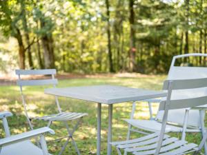 two chairs and a table and a table and chairs at Cosy holiday home with garden in Villefranche-du-Périgord