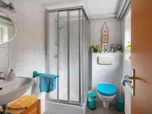 a bathroom with a shower and a toilet and a sink at Central Apartment, Bad Doberan in Bad Doberan +32 photos