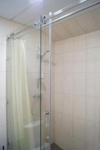 a shower with a glass door in a bathroom at Rosinka in Ukrayinka