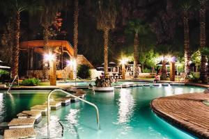 ein Swimmingpool in einem Resort mit Palmen bei Nacht in der Unterkunft Avalon Springs Resort in Montagu + 8 Fotos