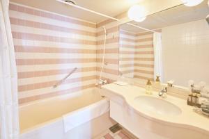 a bathroom with a sink and a tub and a mirror at Hotel Seagull Tenpozan Osaka in Osaka