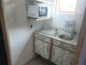 een keuken met een wastafel en een magnetron op een aanrecht bij Fairway cottage in Port Edward