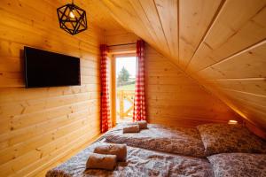 two beds in a log cabin with a flat screen tv at Widokowa Chata Istebna Trójwieś in Istebna