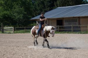 a person riding a horse in an arena at La Ferme de la Maugerie in Thoury