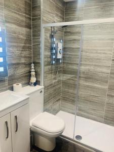 a bathroom with a toilet and a shower at Sandleigh Apartment in Scarborough