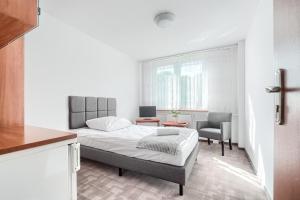 a bedroom with a bed and a desk and a chair at Studencki Dom Marynarza Korab in Szczecin