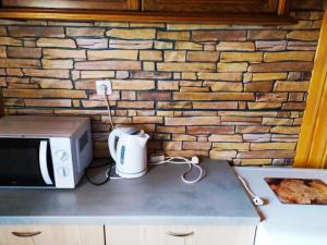 - un comptoir de cuisine avec un four micro-ondes et un mur en briques dans l'établissement Domek letniskowy Szramowo, à Zbiczno