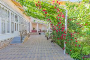 a courtyard with red flowers in a building at L'Argamak in Samarkand
