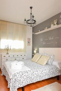 a bedroom with a bed and a chandelier at Apartamento El Fangar in Deltebre