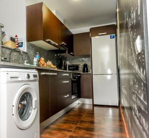 a kitchen with a washer and a white refrigerator at Apartamento El Fangar in Deltebre