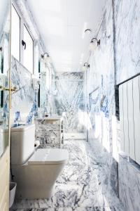 a bathroom with blue and white marble walls and a toilet at Castelo Santa Catarina in Porto