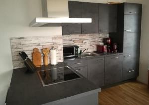 a kitchen with gray cabinets and a counter top at Ferienwohnung Riverfront in Kappeln