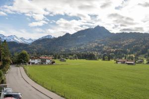 una carretera con un campo verde y montañas al fondo en Oberstdorfer Bergwelt 320, en Oberstdorf