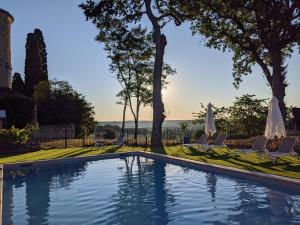 una piscina con tumbonas y árboles en Château des Fousseries en Condom