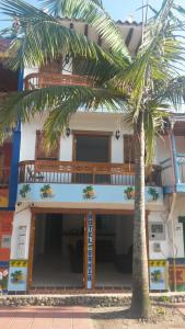 a building with a palm tree in front of it at Hotel Bahia Guatape in Guatapé