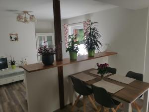 a dining room with a table and chairs and plants at Wiesenblick in Dönschten