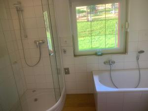 uma casa de banho com uma banheira e um chuveiro com uma janela em Wiesenblick em Dönschten