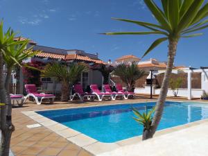 een zwembad met roze stoelen en palmbomen bij Villa Rochelle in Caleta De Fuste
