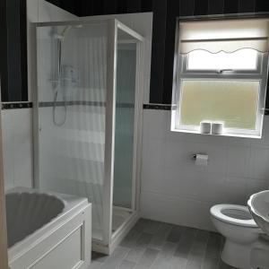 een badkamer met een wastafel, een toilet en een raam bij Suaimhneas in Falcarragh