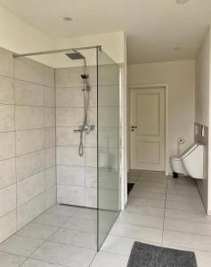 a bathroom with a glass shower with a toilet at Ferienwohnung Stadtvilla in Bad Marienberg