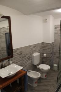La salle de bains est pourvue d'un lavabo, de toilettes et d'un miroir. dans l'établissement iCAVA, à Rubiana
