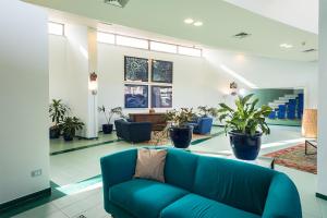a blue couch in a room with potted plants at Rada Siri in Montepaone