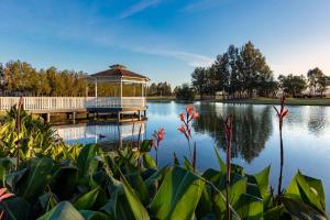 Rydges Resort Hunter Valley في لوفديل: وجود شرفة جلوس فوق البحيرة